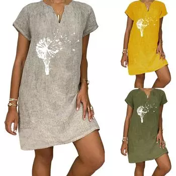 Женское летнее повседневное модное свободное хлопковое льняное платье с короткими рукавами и v-образным вырезом L зелёный