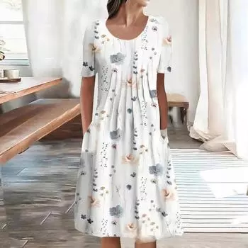 Женское летнее повседневное модное свободное платье с круглым вырезом и коротким рукавом с принтом S белый