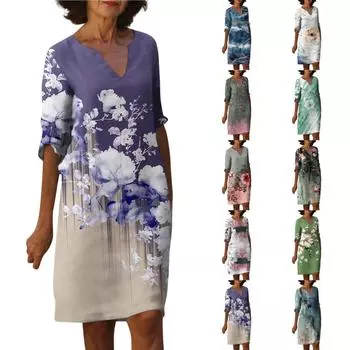 Женское летнее повседневное модное свободное платье средней длины с рукавом пять четвертей и v-образным вырезом с принтом L