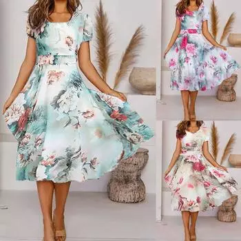 Женское летнее повседневное модное свободное платье с коротким рукавом и v-образным вырезом с цветочным принтом S зелёный