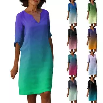 Женское летнее повседневное модное свободное платье средней длины с рукавом пять четвертей и v-образным вырезом с принтом L циан