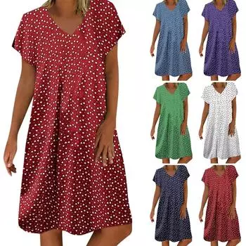 Женское летнее повседневное модное свободное платье с короткими рукавами и v-образным вырезом с принтом 2022 L синий