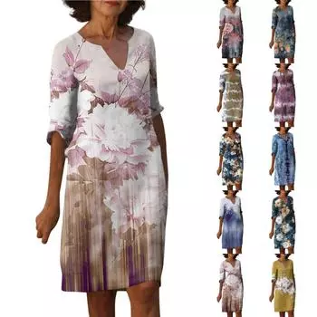 Женское летнее повседневное модное свободное платье средней длины с рукавом пять четвертей и v-образным вырезом с принтом L бежевый