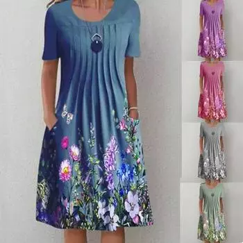 Женское летнее повседневное модное свободное платье с круглым вырезом и коротким рукавом с принтом, пуловер L синий