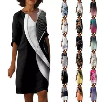 Женское летнее повседневное модное свободное платье средней длины с рукавом пять четвертей и v-образным вырезом с принтом L чёрный