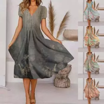 Женское летнее повседневное модное свободное платье с коротким рукавом и v-образным вырезом в стиле ретро S серый