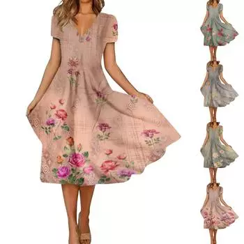 Женское летнее повседневное модное свободное платье с коротким рукавом и v-образным вырезом в стиле ретро XL