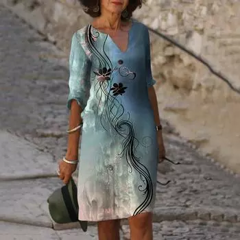 Женское летнее повседневное модное свободное платье средней длины с рукавом пять четвертей и v-образным вырезом с принтом XL