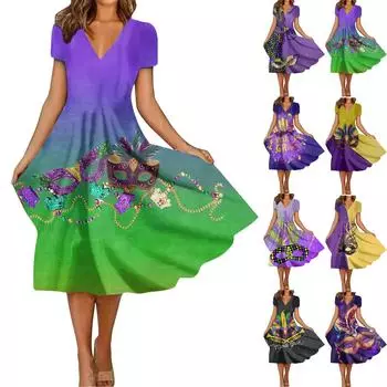 Женское летнее повседневное модное свободное платье с коротким рукавом и v-образным вырезом с принтом XL чёрный