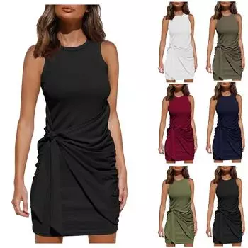 Женское летнее повседневное облегающее мини-платье без рукавов с круглым вырезом L чёрный