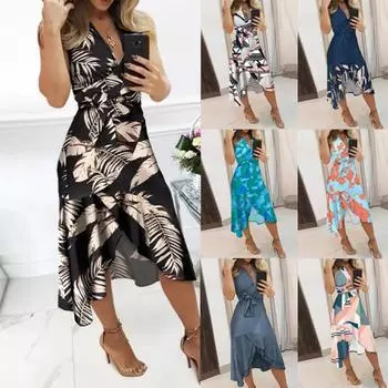 Женское летнее повседневное облегающее платье без рукавов с принтом и нерегулярной талией L чёрный