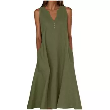 Женское летнее повседневное однотонное длинное платье без рукавов с V-образным вырезом на пуговицах и карманами L армия зеленый