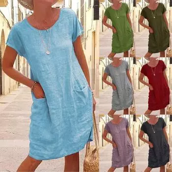 Женское летнее повседневное однотонное хлопково-льняное платье с короткими рукавами и круглым вырезом с карманами XL