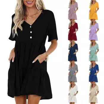 Женское летнее повседневное однотонное хлопково-льняное платье трапециевидной формы с карманами и v-образным вырезом, пуговицами, короткими рукавами и рюшами L серый