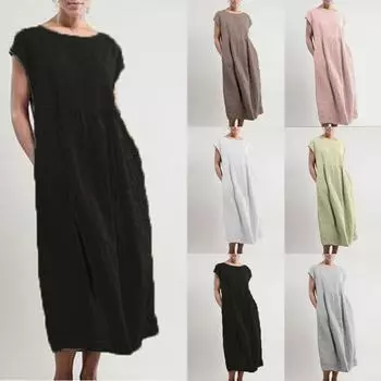 Женское летнее повседневное однотонное хлопковое льняное платье без рукавов с круглым вырезом и карманами One size чёрный