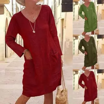 Женское летнее повседневное однотонное хлопковое льняное платье с длинными рукавами и v-образным вырезом XL