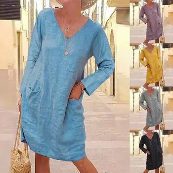 Женское летнее повседневное однотонное хлопковое льняное платье с длинными рукавами и v-образным вырезом L чёрный
