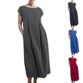 Женское летнее повседневное однотонное хлопковое льняное платье без рукавов с круглым вырезом и карманами M
