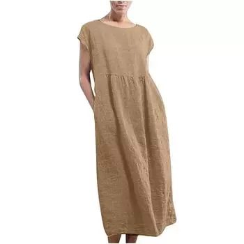 Женское летнее повседневное однотонное хлопковое льняное платье без рукавов с круглым вырезом и карманами S