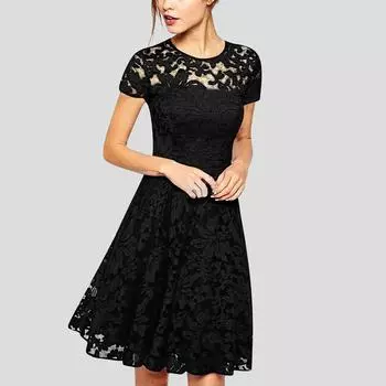 Женское летнее повседневное однотонное кружевное платье с круглым вырезом и боковой молнией с короткими рукавами и трапециевидным платьем L чёрный