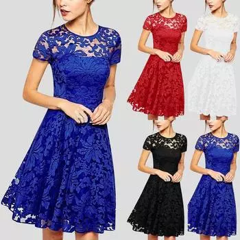 Женское летнее повседневное однотонное кружевное платье с круглым вырезом и боковой молнией с короткими рукавами и трапециевидным платьем XXL чёрный