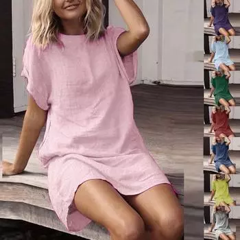 Женское летнее повседневное однотонное льняное платье с коротким рукавом и вырезом XL синий