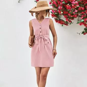 Женское летнее повседневное однотонное однотонное платье без рукавов с двумя карманами и V-образным вырезом S армия зеленый