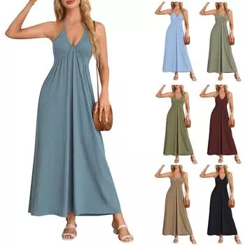 Женское летнее повседневное однотонное платье без рукавов с v-образным вырезом и открытой спиной на шнуровке L чёрный