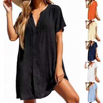 Женское летнее повседневное однотонное платье-рубашка с v-образным вырезом и короткими рукавами, пляжная юбка L бежевый
