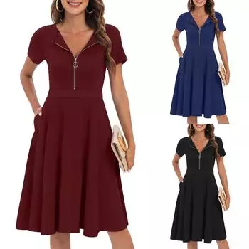 Женское летнее повседневное однотонное платье с коротким рукавом и v-образным вырезом на молнии с карманом в стиле ретро на талии XL чёрный