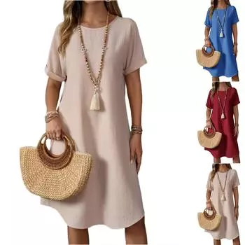 Женское летнее повседневное однотонное платье с круглым вырезом и коротким рукавом средней длины свободного покроя L синий