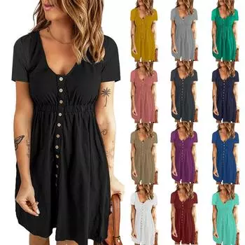 Женское летнее повседневное однотонное сексуальное платье с круглым вырезом и талией на пуговицах с коротким рукавом и v-образным вырезом XXL синий