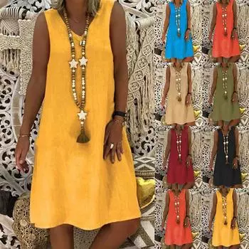 Женское летнее повседневное однотонное свободное платье без рукавов с v-образным вырезом One size чёрный