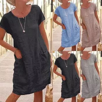 Женское летнее повседневное однотонное свободное платье с коротким рукавом и v-образным вырезом
