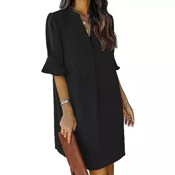 Женское летнее повседневное платье А-силуэта с шифоновым верхом 2025 года, элегантное платье миди для работы и повседневной носки, повседневное платье с коротким рукавом и оборками, V-образным вырезом S абрикосовый