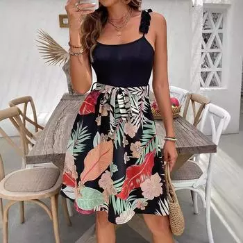 Женское летнее повседневное платье без рукавов с принтом в виде цветных листьев длиной до колена S