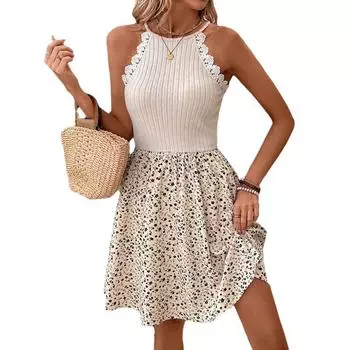 Женское летнее повседневное платье без рукавов с цветочным принтом и кружевом выше колена А-силуэта S