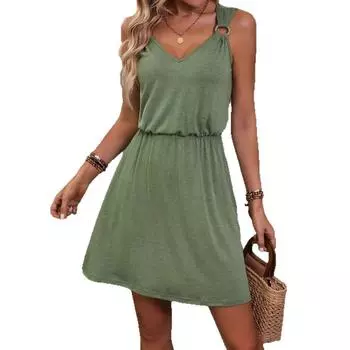 Женское летнее повседневное платье без рукавов с поясом, однотонное, выше колена, А-силуэт S
