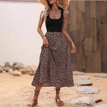 Женское летнее повседневное платье без рукавов с U-образным вырезом и принтом листьев для отдыха на пляже S