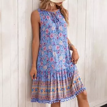 Женское летнее повседневное платье без рукавов с принтом кисточек S