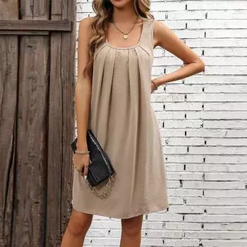 Женское летнее повседневное платье без рукавов, однотонное, плиссированное, цельное S абрикосовый