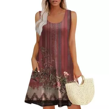 Женское летнее повседневное платье без рукавов с квадратным вырезом и цветочным принтом, с карманами XXL винный