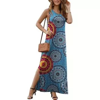Женское летнее повседневное платье без рукавов с круглым вырезом и принтом в стиле ретро S синий