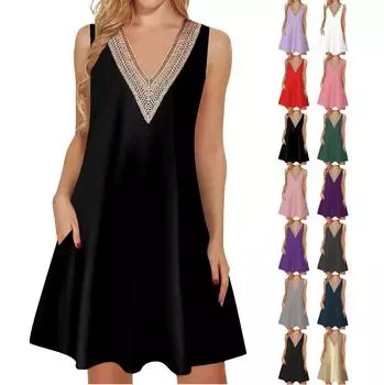 Женское летнее повседневное платье без рукавов, платье-майка с v-образным вырезом, свободное богемное платье L шампанского