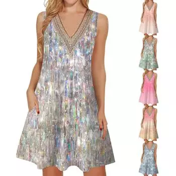 Женское летнее повседневное платье без рукавов, платье-майка с v-образным вырезом, свободное богемное платье L синий