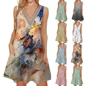 Женское летнее повседневное платье без рукавов, платье-майка с v-образным вырезом, свободное богемное платье L синий