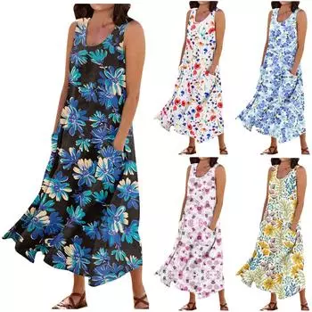 Женское летнее повседневное платье без рукавов с круглым вырезом и карманами L синий