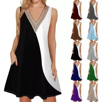 Женское летнее повседневное платье без рукавов, платье-майка с v-образным вырезом, свободное богемное платье L чёрный