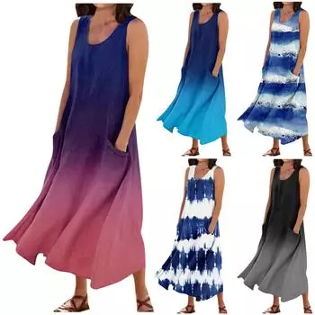 Женское летнее повседневное платье без рукавов с круглым вырезом и карманами XXXL