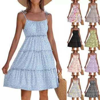 Женское летнее повседневное платье без рукавов на тонких бретельках в стиле бохо с многоярусными оборками, струящееся короткое пляжное платье-сарафан L